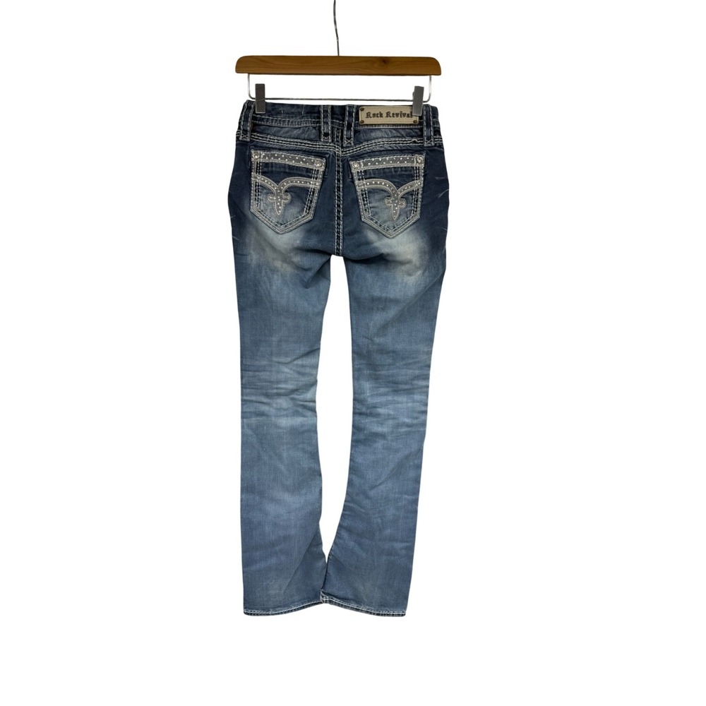 Rock Revival Sherry Mid-Rise Bootcut Thick Stitch Jeans Blue Rhinestone 24 Women